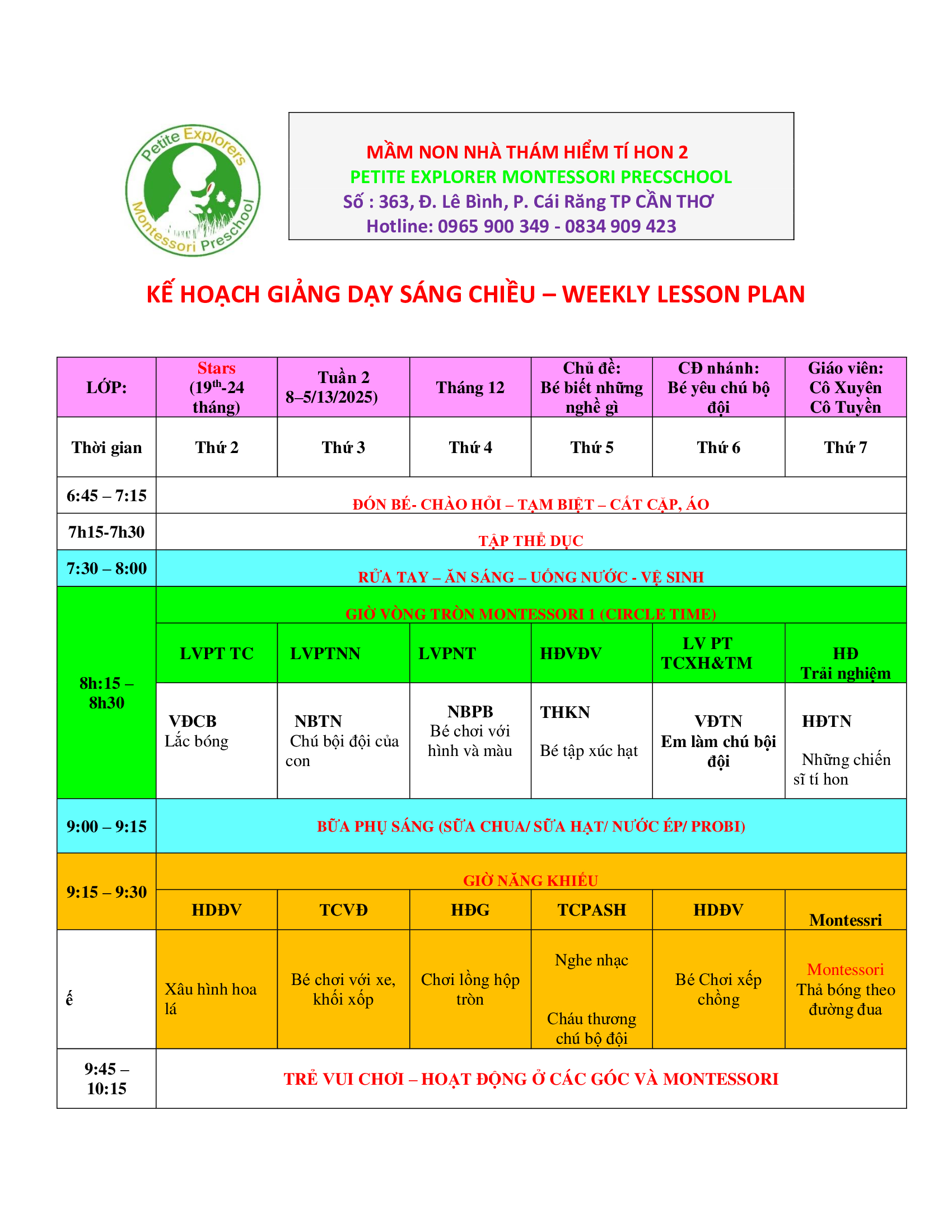 Thời Khoá Biểu Lớp Stars Tuần 2