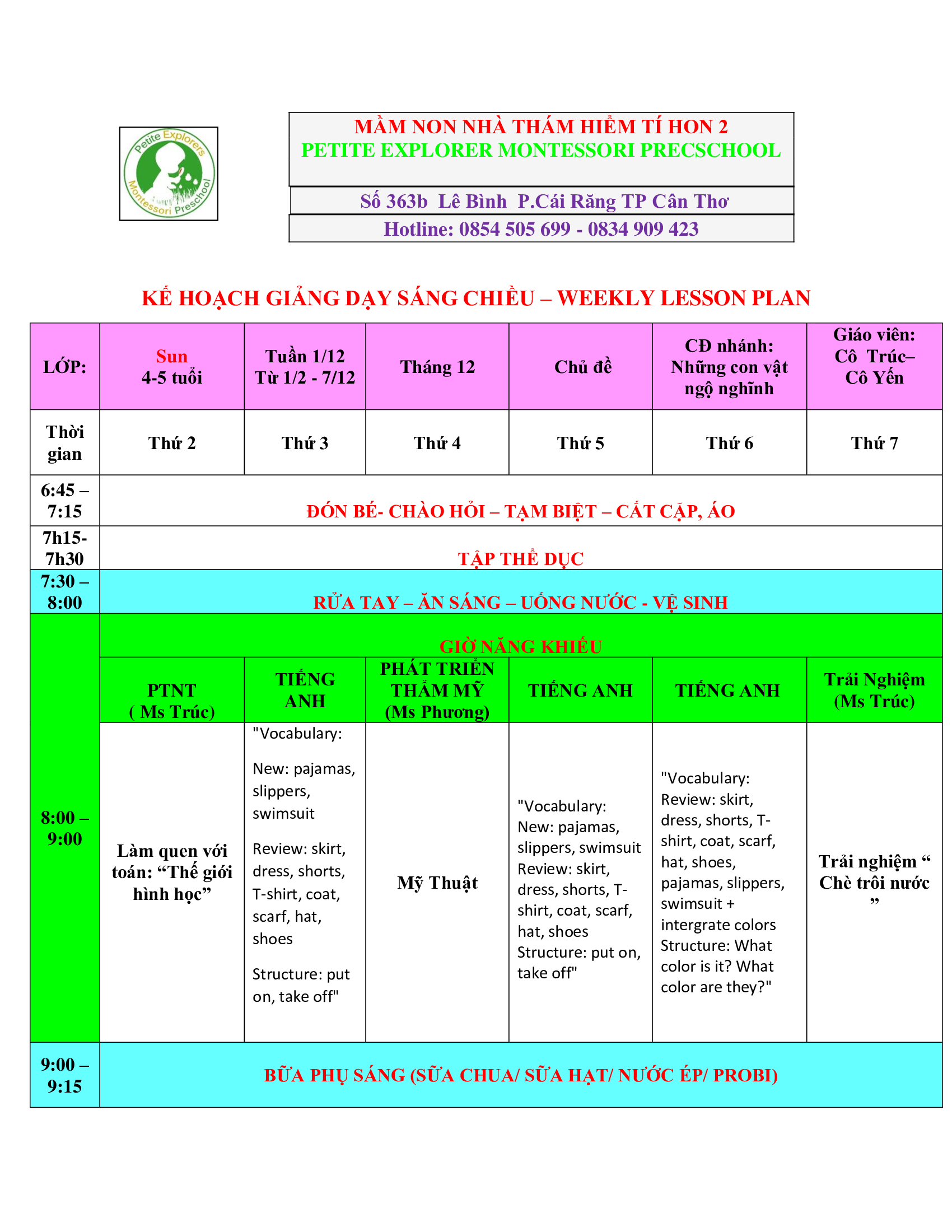 Thời Khoá Biểu Lớp Sun Tuần 1