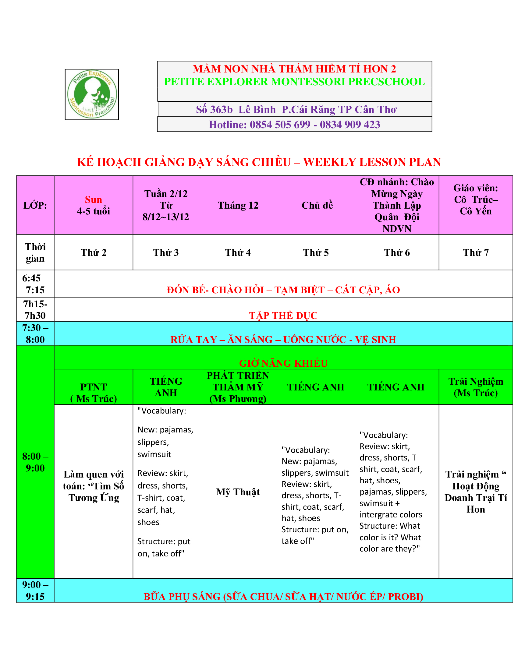 Thời Khoá Biểu Lớp Sun Tuần 2