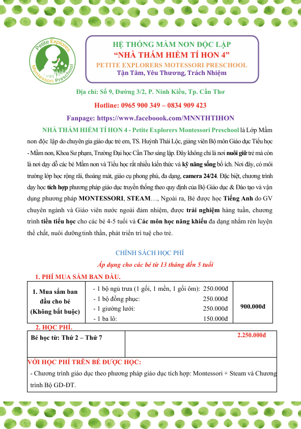 CHÍNH SÁCH HỌC PHÍ PETITE 4