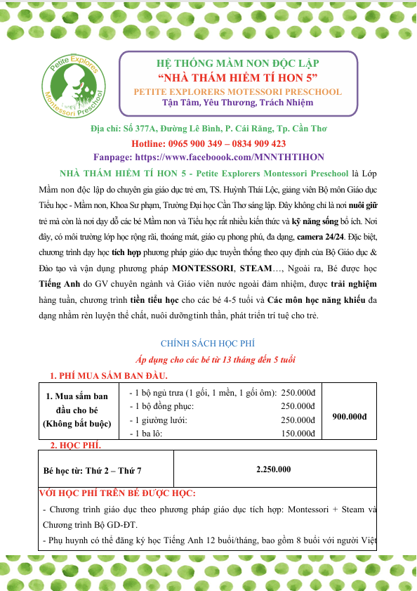 CHÍNH SÁCH HỌC PHÍ PETITE 5