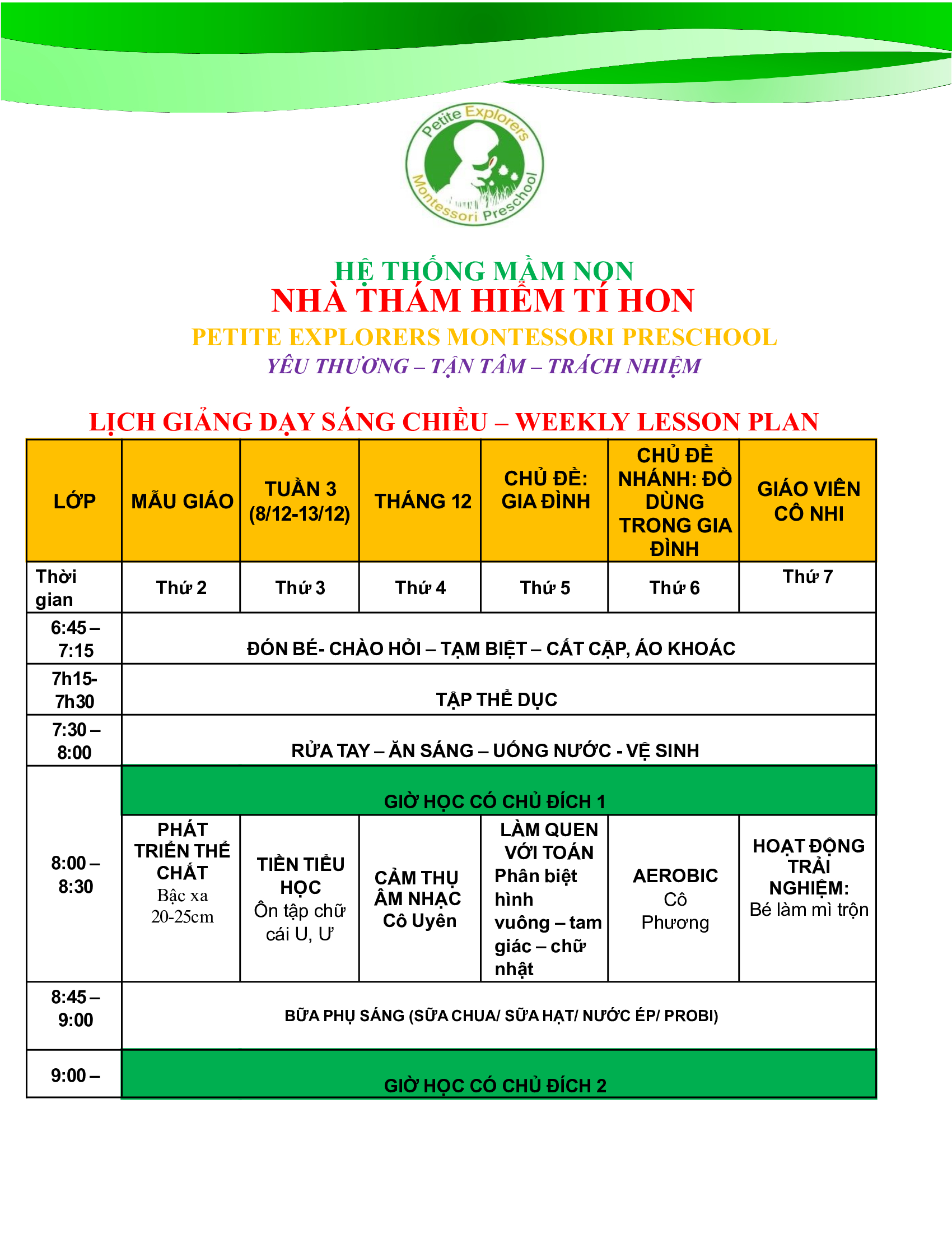 Thời khóa biểu lớp Kinder Tuần 2