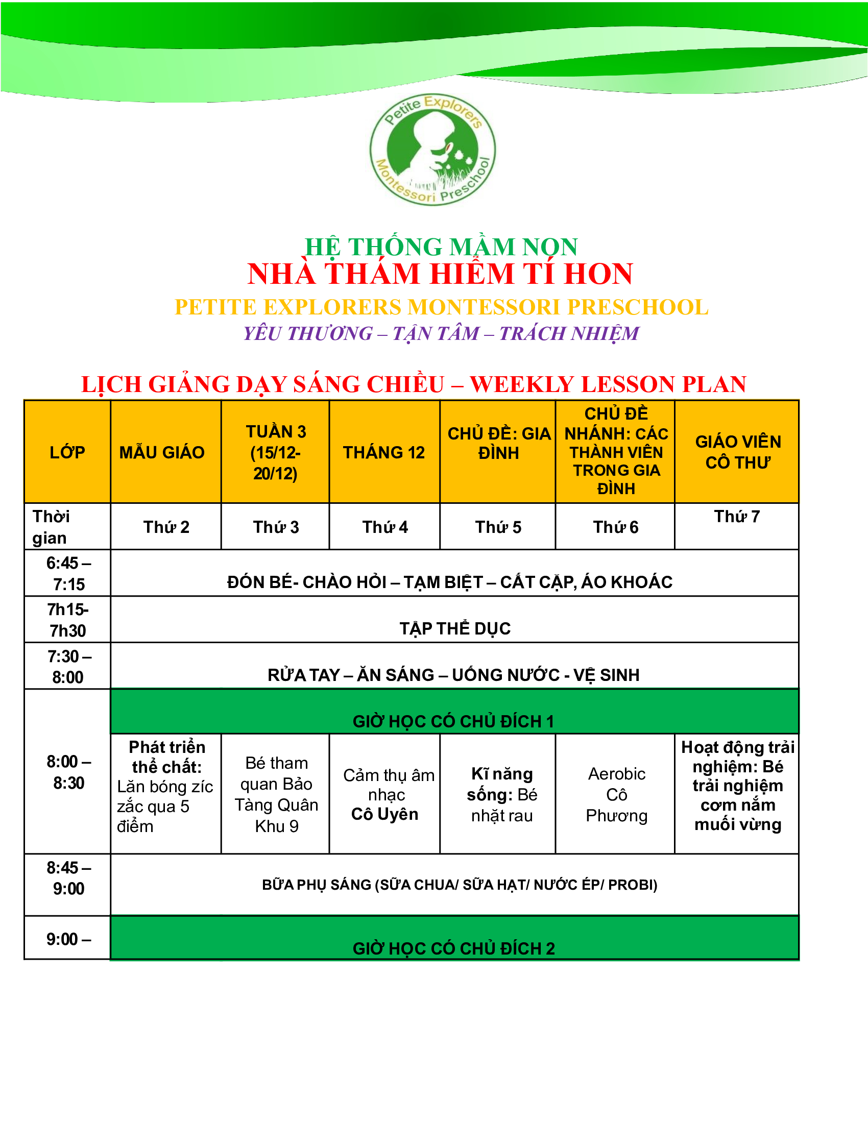 Thời khóa biểu lớp Kinder Tuần 3