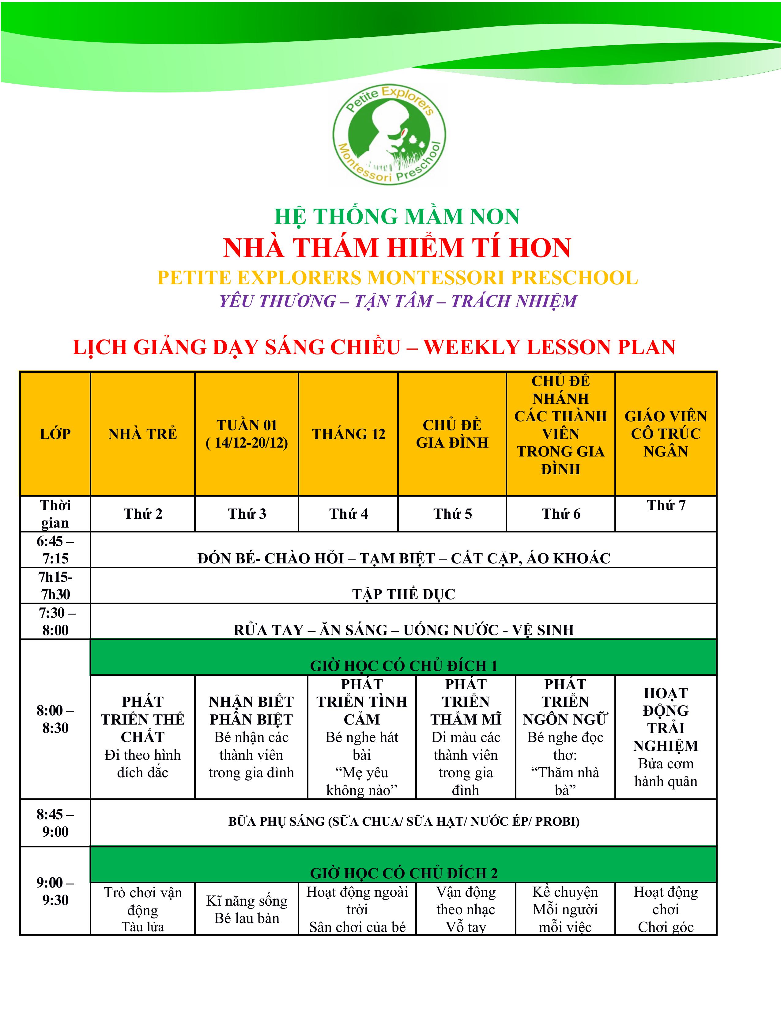 Thời khóa biểu lớp Minis Tuần 3