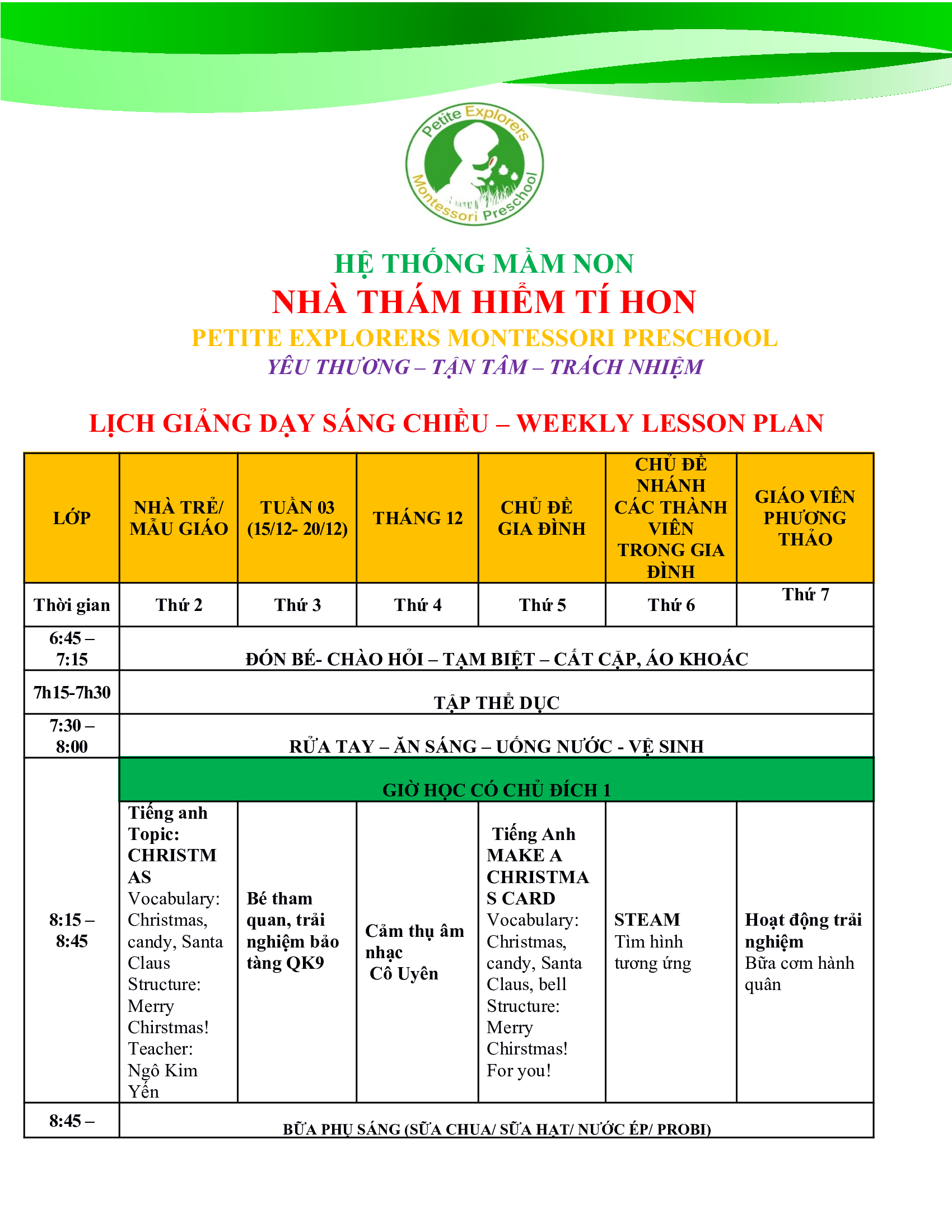 Thời khóa biểu lớp Rmoon Tuần 3