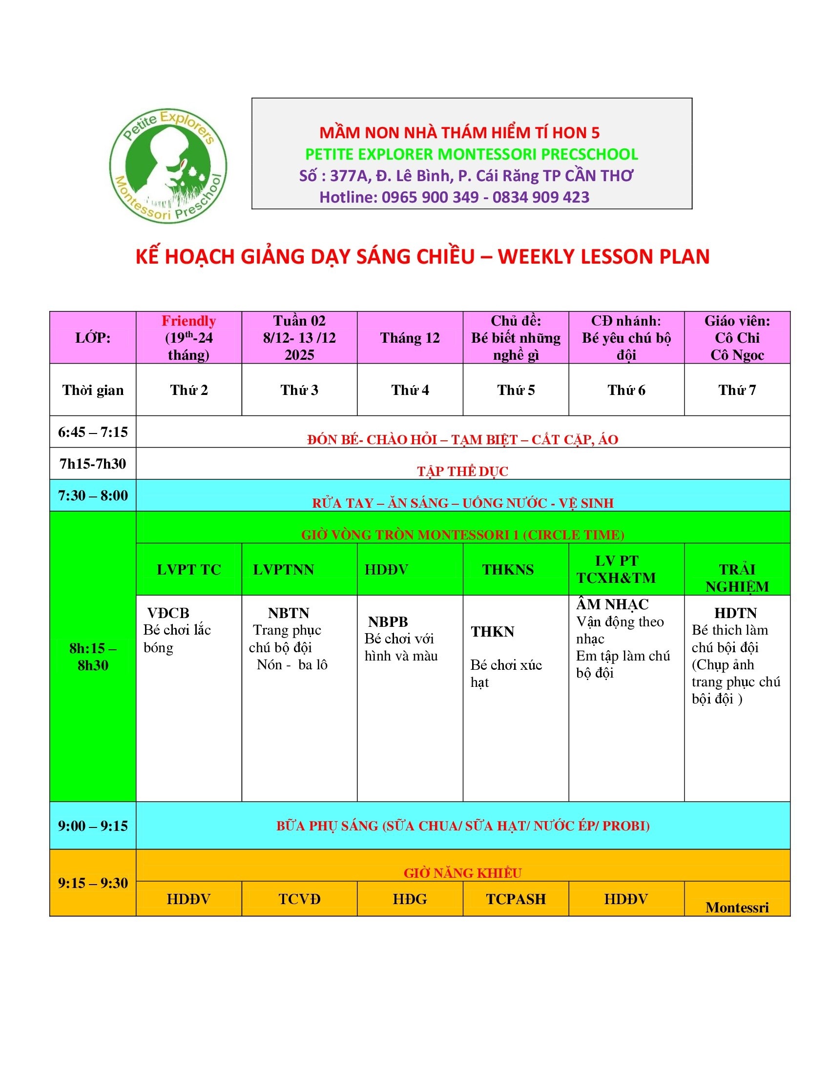 Thời khóa biểu lớp Friendly Tuần 2