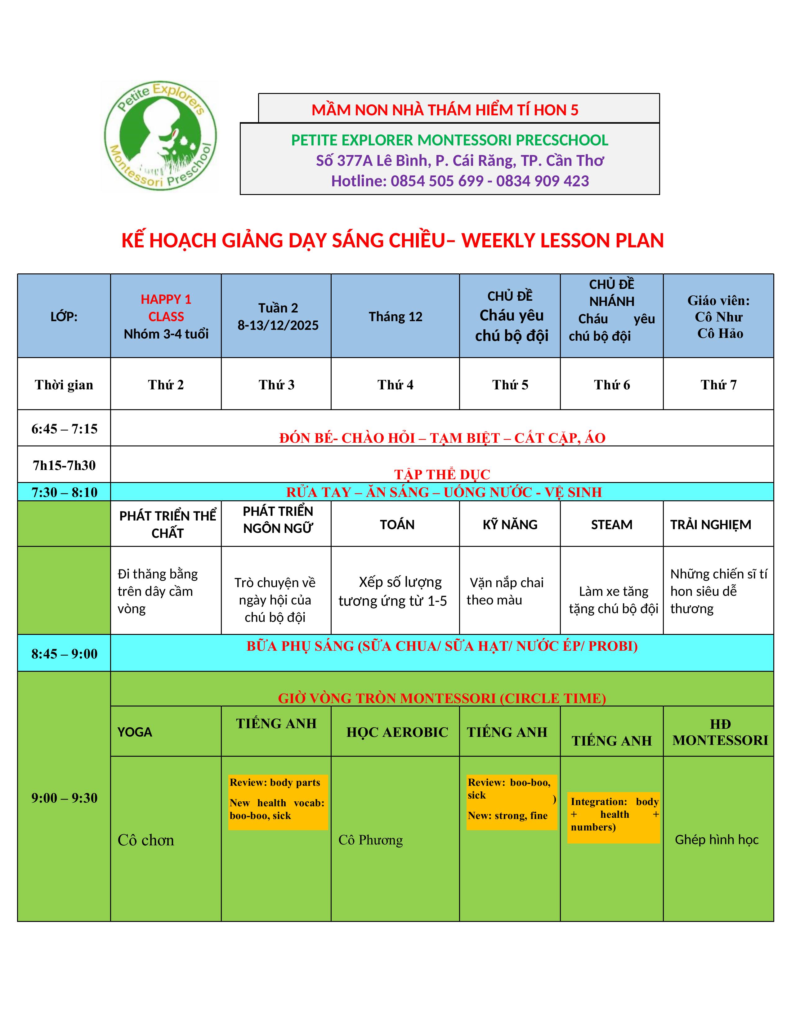 Thời khóa biểu lớp Happy 1 Tuần 2