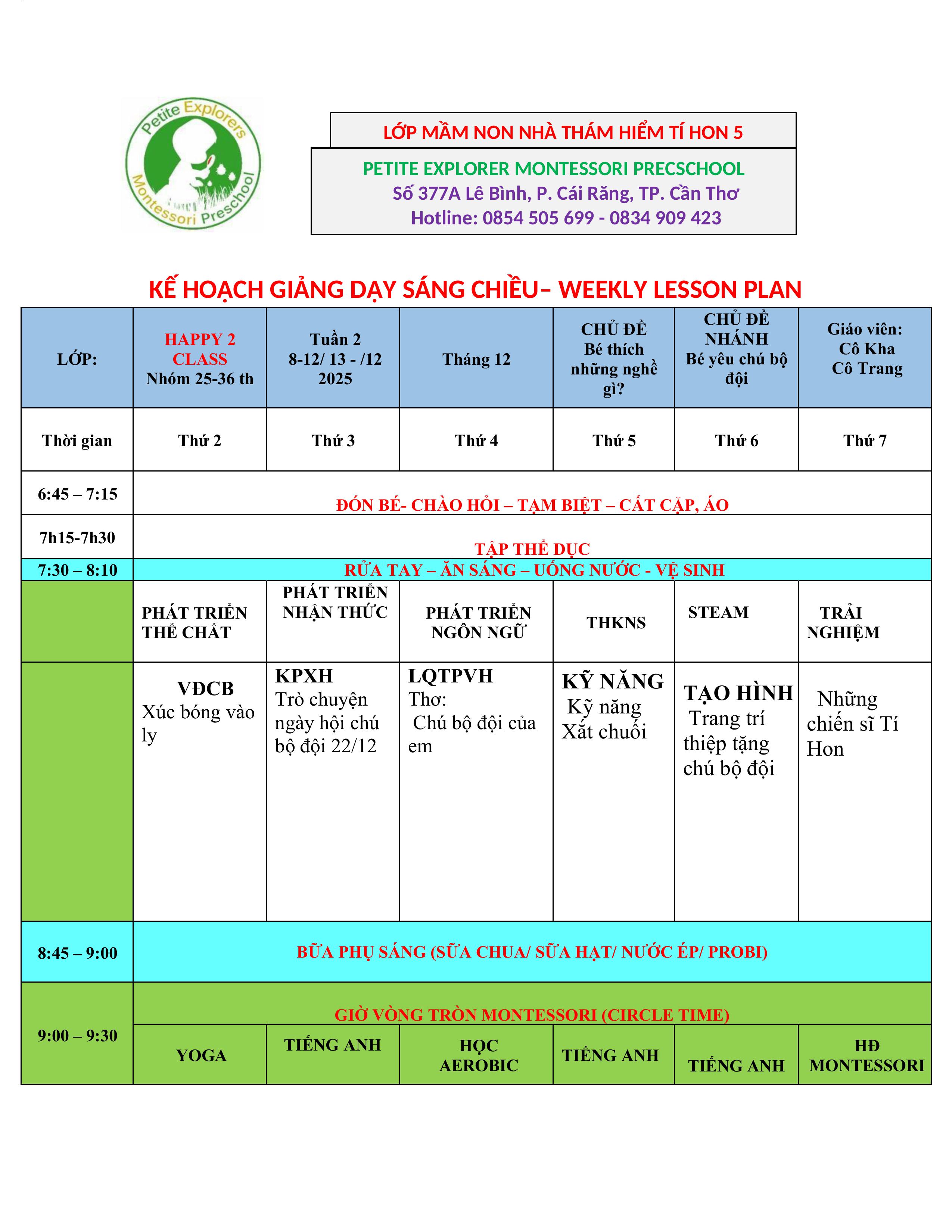 Thời khóa biểu lớp Happy 2 Tuần 2