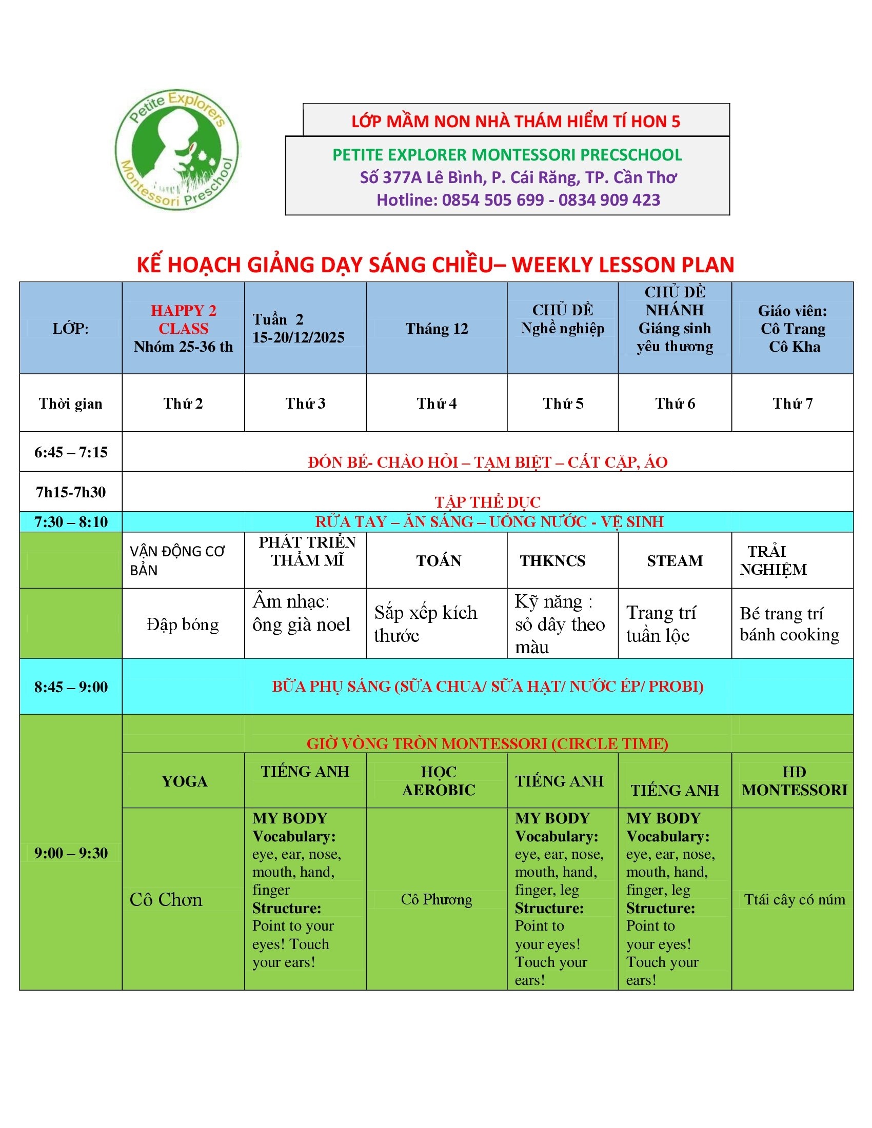 Thời khóa biểu lớp Happy 2 Tuần 3