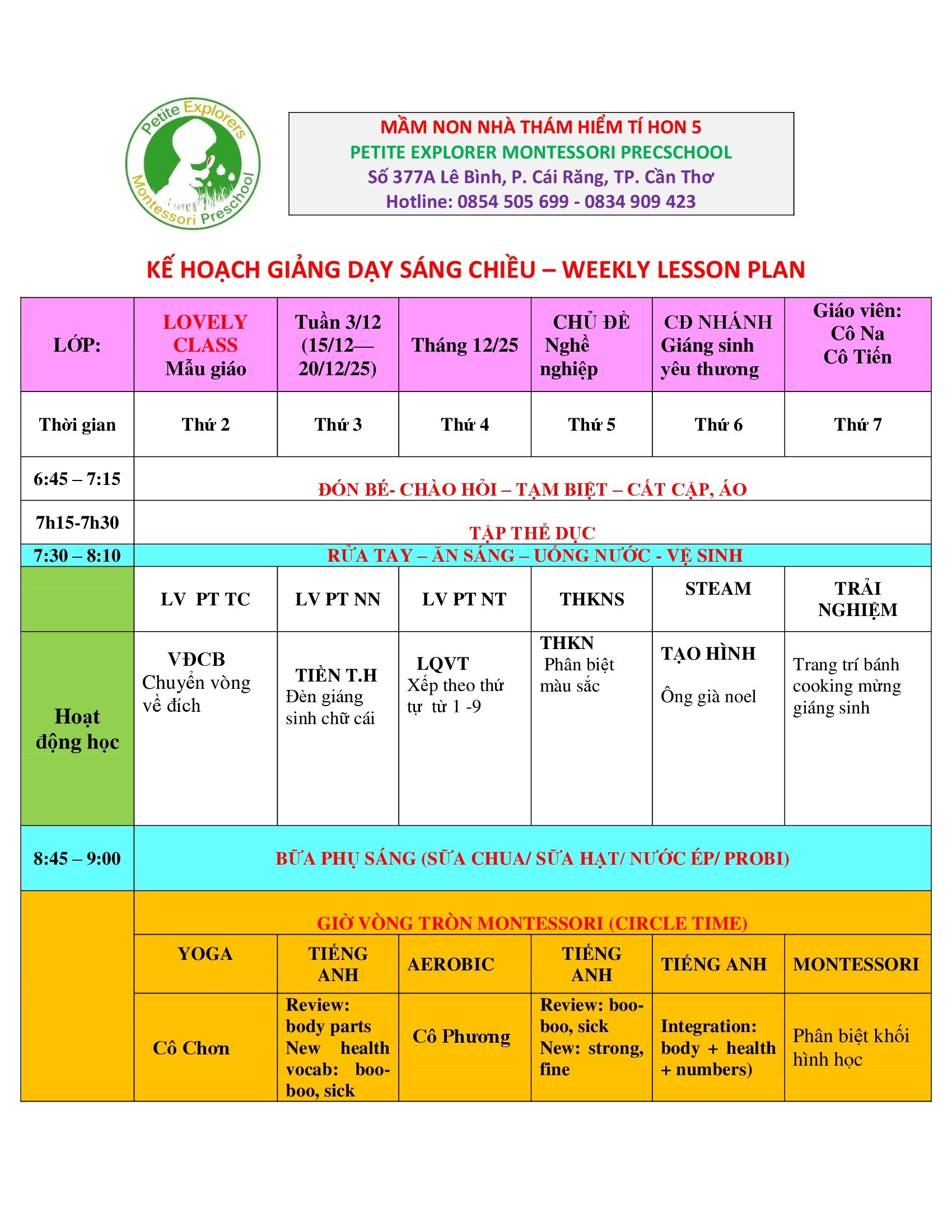 Thời khóa biểu lớp Lovely Tuần 3