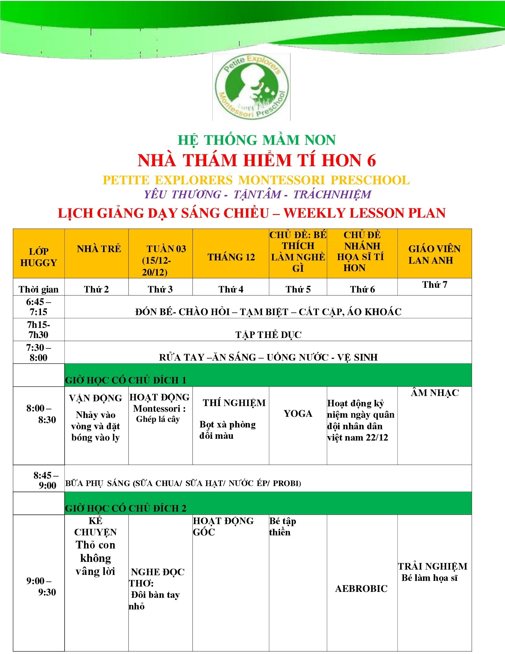 Thời khóa biểu lớp Huggy Tuần 3