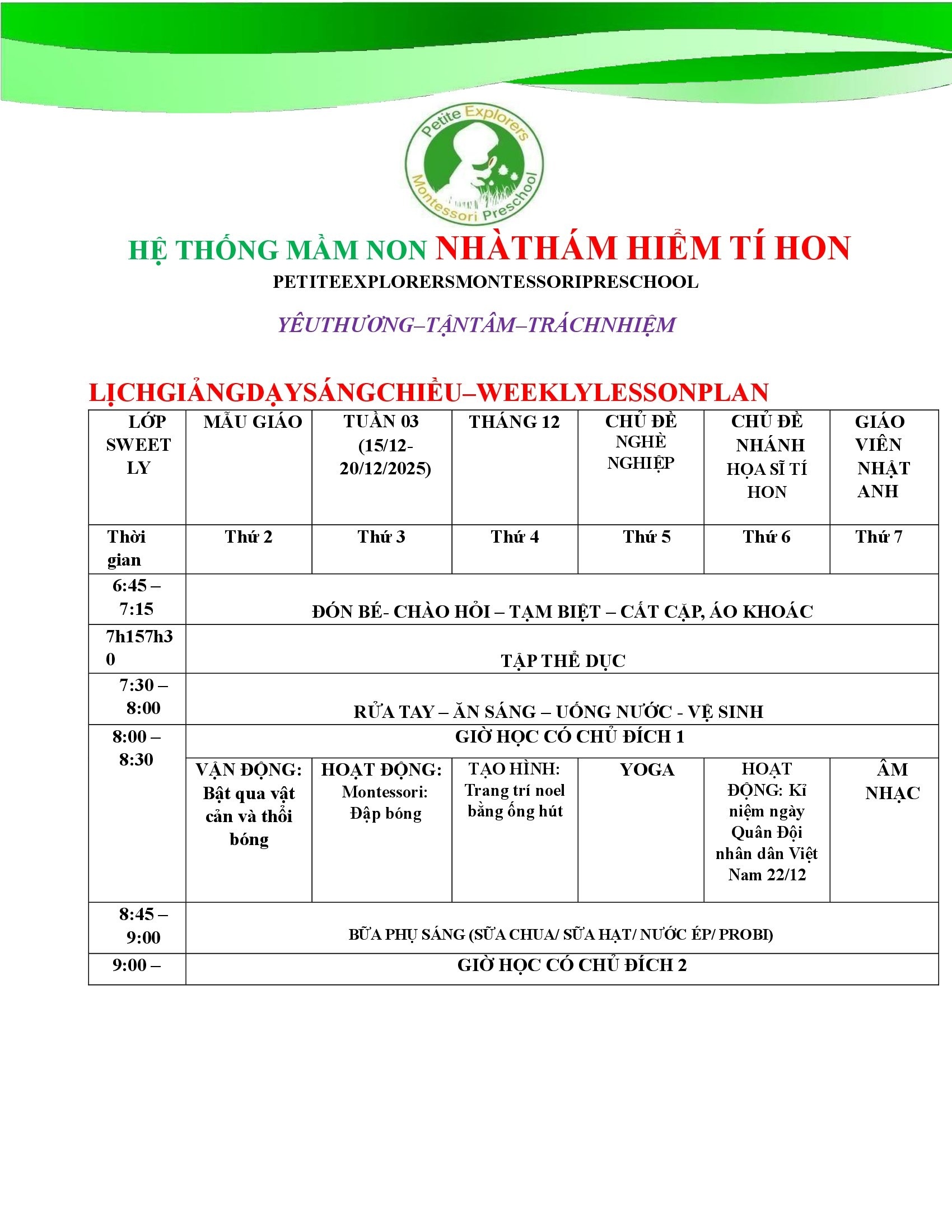 Thời khóa biểu lớp Sweetly Tuần 3