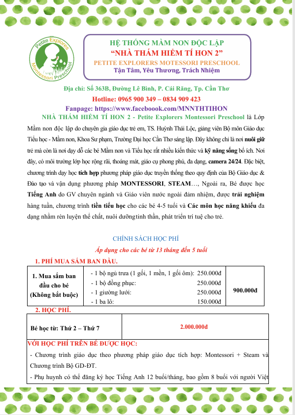 CHÍNH SÁCH HỌC PHÍ PETITE 2